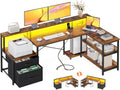 ODK L Shaped Desk with File Drawer, 66' Reversible L Shaped Computer Desk with Power Outlet & LED Strip, Office Desk with Storage Shelves, Gaming Desk with Monitor Shelf, Corner Desk, Vintage