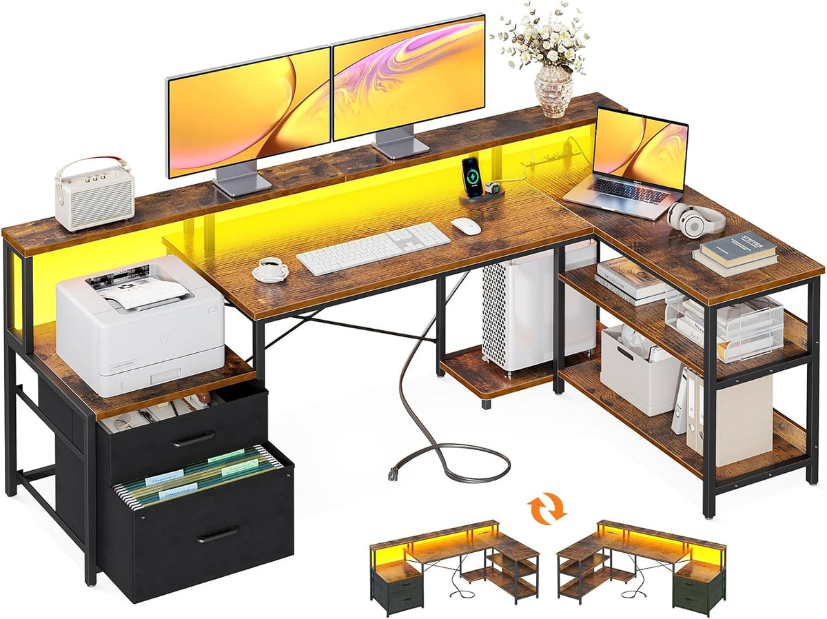 ODK L Shaped Desk with File Drawer, 66' Reversible L Shaped Computer Desk with Power Outlet & LED Strip, Office Desk with Storage Shelves, Gaming Desk with Monitor Shelf, Corner Desk, Vintage