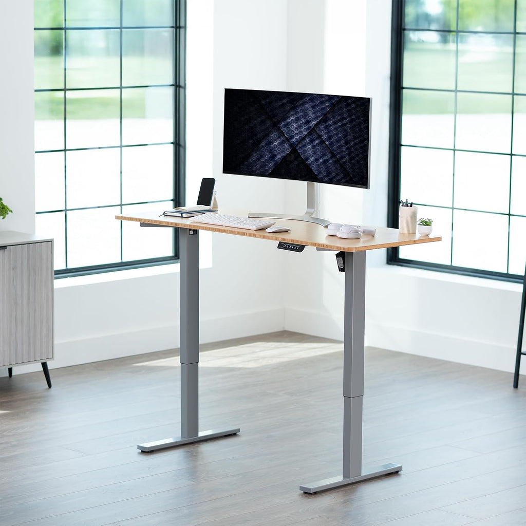 VIVO Electric 60 x 24 in Real Bamboo Standing Desk, Memory Height Adjustment, 1B Series, Holds 220 lbs, One-Piece Top, Gray Frame, DESK-KIT-1G6O