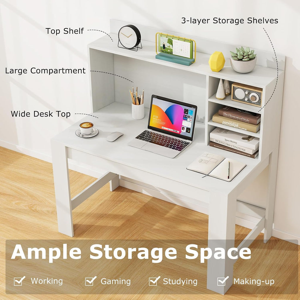 Tangkula 48' Computer Desk with Hutch, Home Office Writing Study Desk with Storage Shelves, Cable Management Hole, Laptop Desk, Desk for Bedroom, Computer Workstation (White)