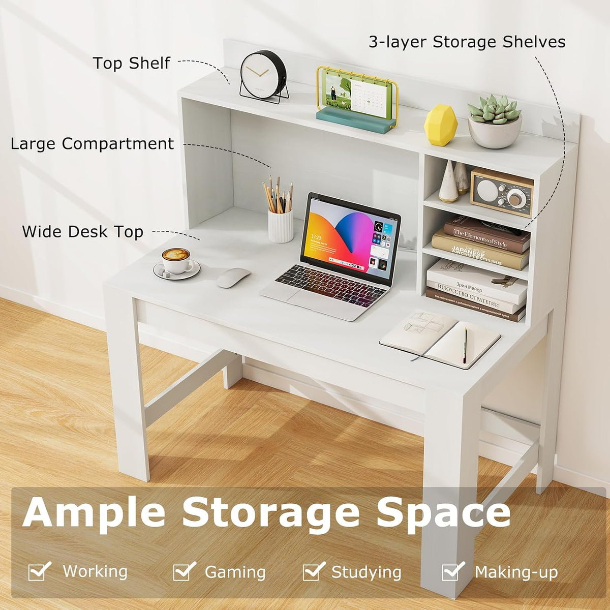 Tangkula 48' Computer Desk with Hutch, Home Office Writing Study Desk with Storage Shelves, Cable Management Hole, Laptop Desk, Desk for Bedroom, Computer Workstation (White)
