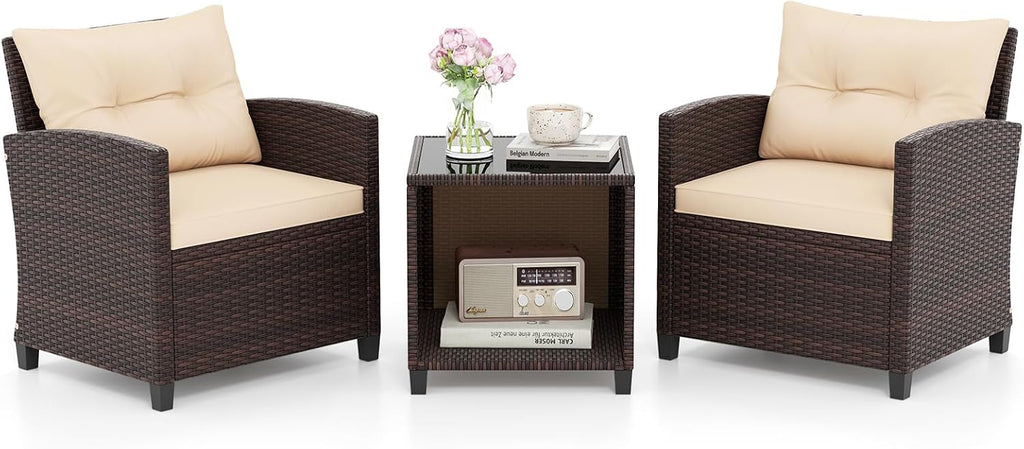 HAPPYGRILL 3 Pieces Patio Conversation Set, Outdoor Rattan Wicker Chairs & Coffee Table Set w/Cushions & Tempered Glass Tabletop, Porch Sofa Set for Backyard, Poolside