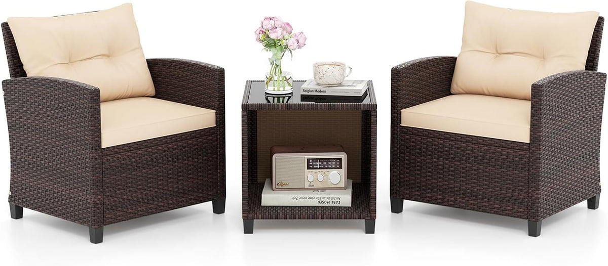 HAPPYGRILL 3 Pieces Patio Conversation Set, Outdoor Rattan Wicker Chairs & Coffee Table Set w/Cushions & Tempered Glass Tabletop, Porch Sofa Set for Backyard, Poolside