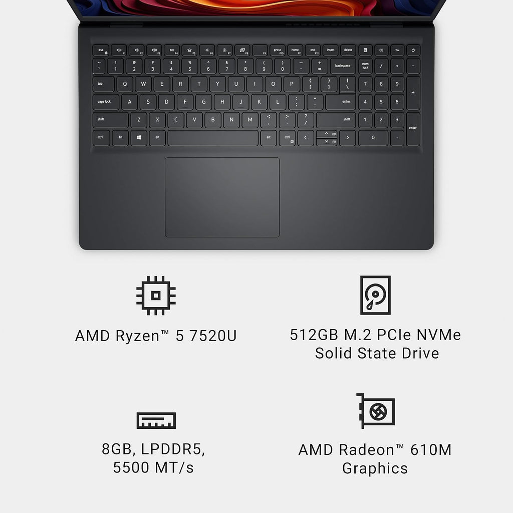 Dell 15 Laptop DC15255-15.6-inch FHD 120Hz Display, AMD Ryzen 5-7520U, 8GB LPDDR5 RAM, 512GB SSD, Radeon 610M Graphics, Windows 11 Home, Onsite Service - Carbon Black