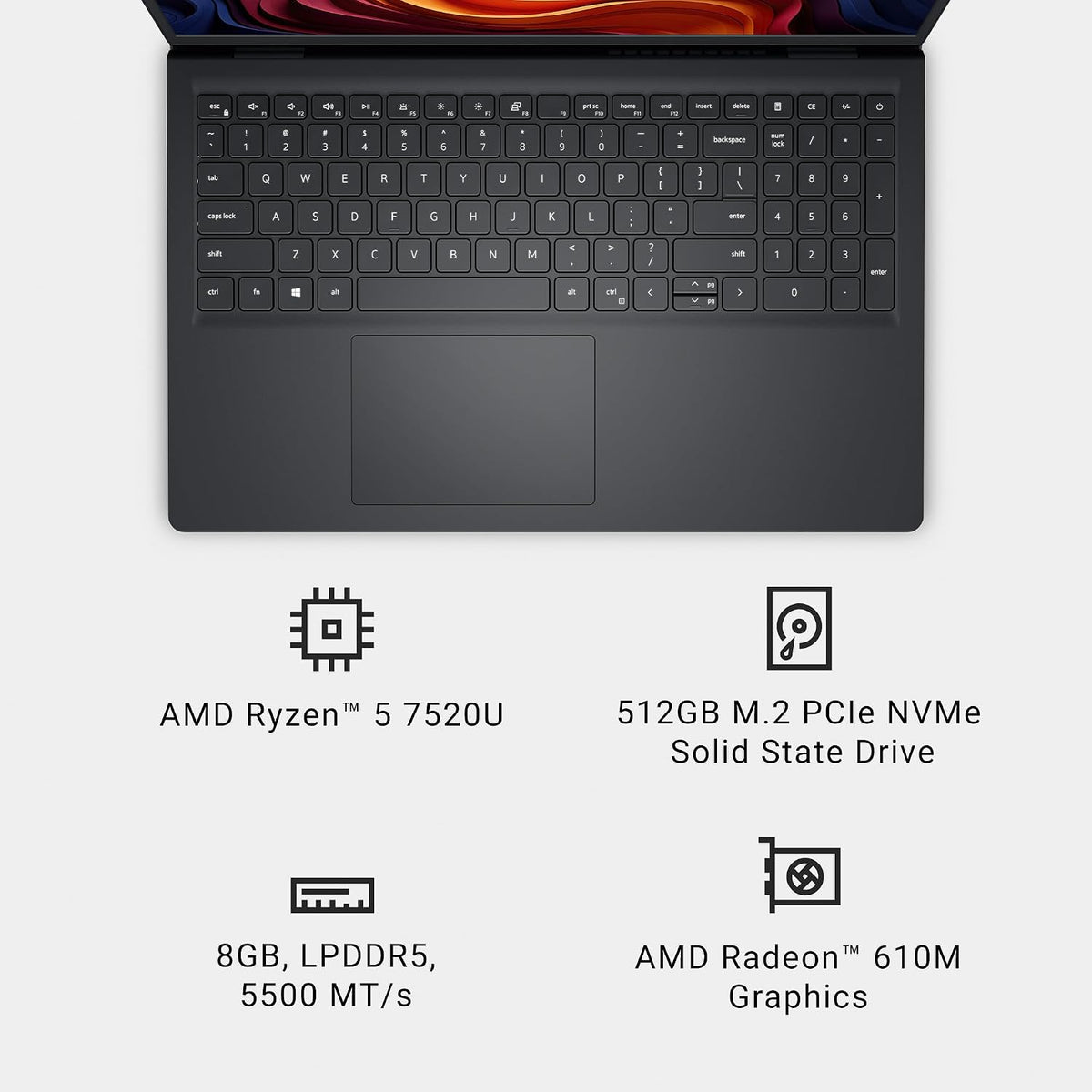 Dell 15 Laptop DC15255-15.6-inch FHD 120Hz Display, AMD Ryzen 5-7520U, 8GB LPDDR5 RAM, 512GB SSD, Radeon 610M Graphics, Windows 11 Home, Onsite Service - Carbon Black