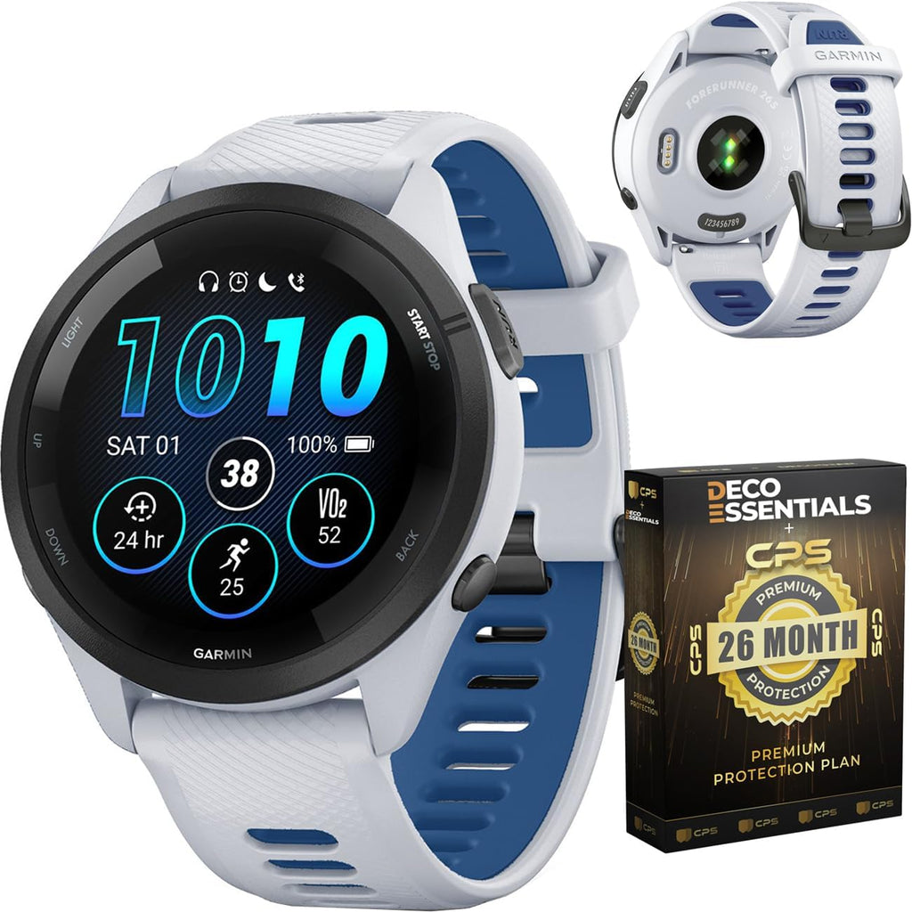 Garmin 010-02810-01 Forerunner 265 GPS Smartwatch Whitestone/Tidal Blue | Official USA Partner Model | Bundle with Deco Essentials Exclusive 26 Month CPS Enhanced Protection Pack