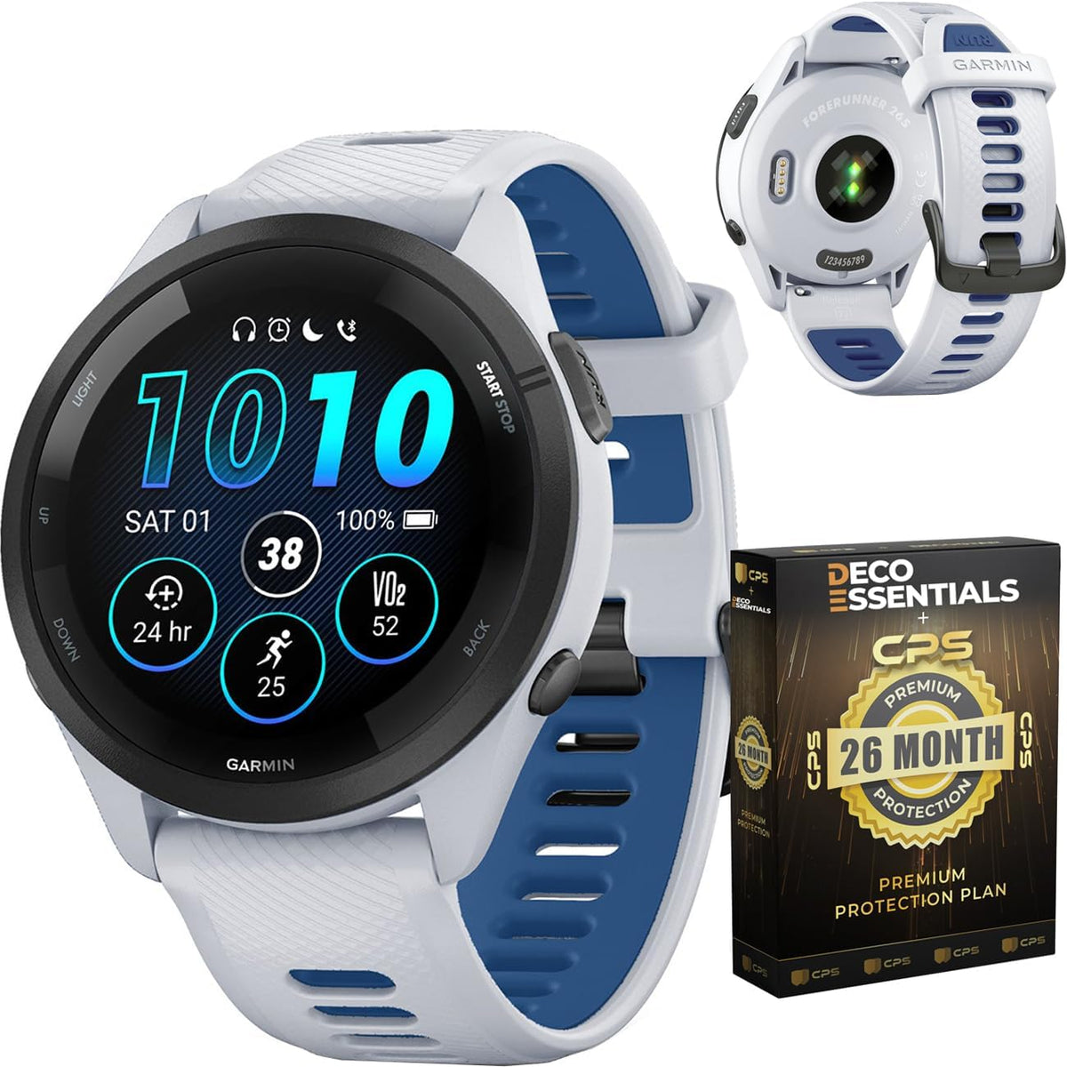Garmin 010-02810-01 Forerunner 265 GPS Smartwatch Whitestone/Tidal Blue | Official USA Partner Model | Bundle with Deco Essentials Exclusive 26 Month CPS Enhanced Protection Pack