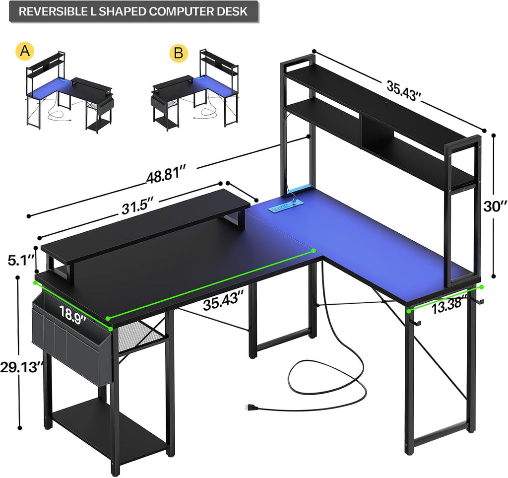 Aheaplus Small L Shaped Gaming Desk with LED Lights & Power Outlets, Reversible L-Shaped Computer Desk with Monitor Stand & Storage Shelf, Corner Desks Home Office Desk with Storage Bag, Black