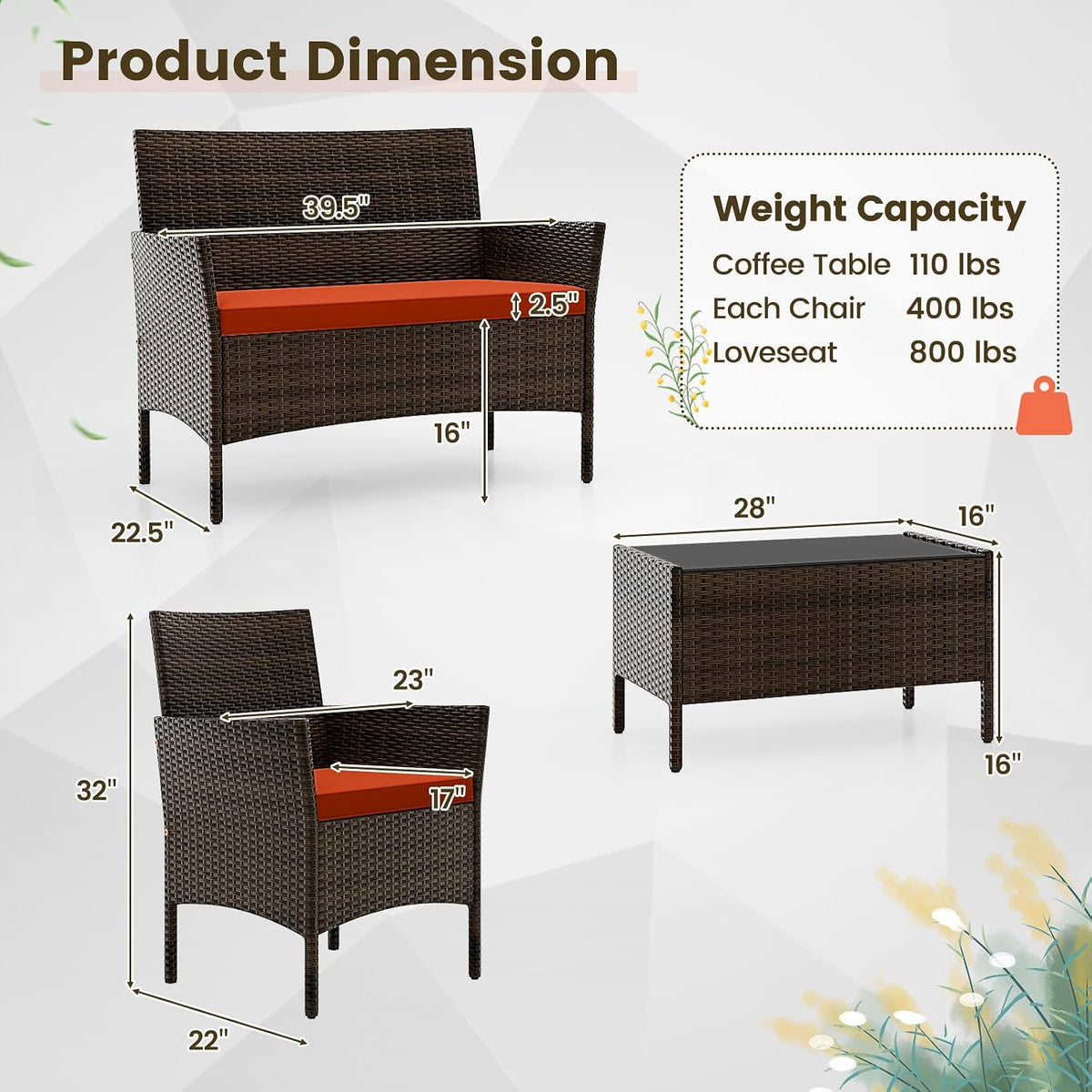 DORTALA Wicker Patio Furniture Set 4 Piece, Outdoor PE Rattan Table & Chairs Set with Tempered Glass Coffee Table, Loveseat, Cushions, Conversation Set for Balcony, Porch, Backyard, Deck, Orange