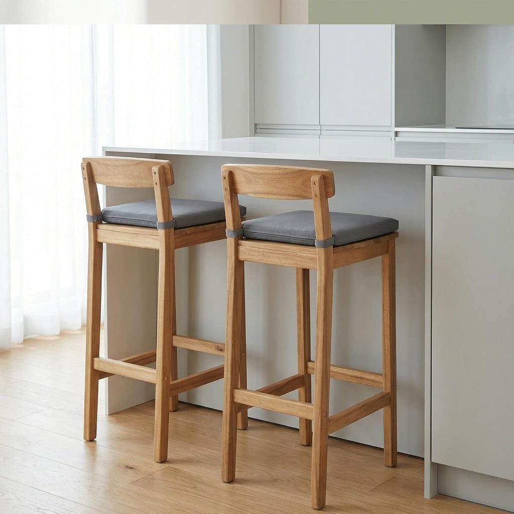 Patio Bar Stools Set of 2, Solid Acacia Wood Patio Barstools with Footrest, 28.5' Counter Height Outdoor Bar Stools, High Top Patio Bar Chairs for Balcony/Deck/Kitchen Island/Bistro, Grey