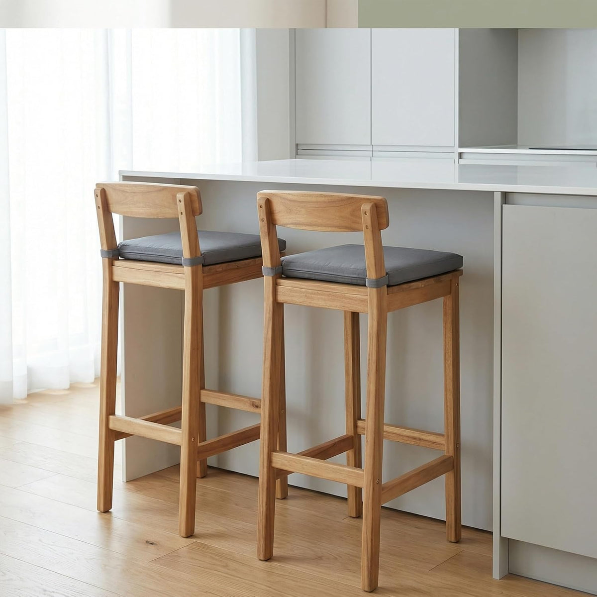 Patio Bar Stools Set of 2, Solid Acacia Wood Patio Barstools with Footrest, 28.5' Counter Height Outdoor Bar Stools, High Top Patio Bar Chairs for Balcony/Deck/Kitchen Island/Bistro, Grey