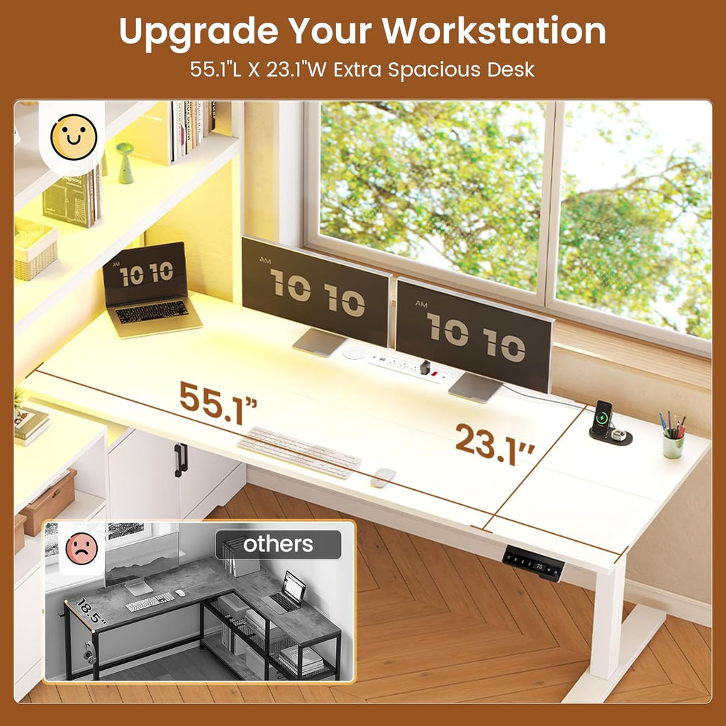 SEDETA 56.7' L Shaped Standing Desk, Reversible Computer Office Desk with Drawers & Hutch, Stand Up Corner Gaming Desks with LED Lights & Power Outlets for Home Office, White