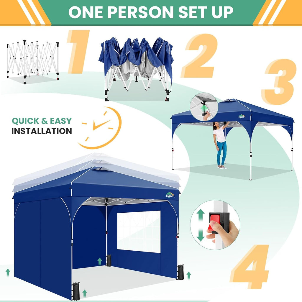 COBIZI 10x10 Pop up Canopy, Canopy Tent 10x10 with 3 Sidewalls, 1 Person Easy Set up，Tents for Parties, Outdoor Tent with Fluorescent Strip & 4 Sandbags, Waterproof, 3 Adjustable Height（Dark Blue）