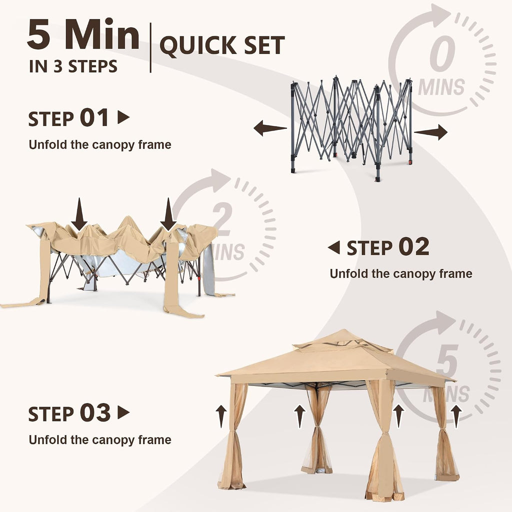 COOSHADE 11x11Ft Easy Pop Up Gazebo Tent Instant Outdoor Canopy Shelter with Mosquito Netting Walls(Khaki)