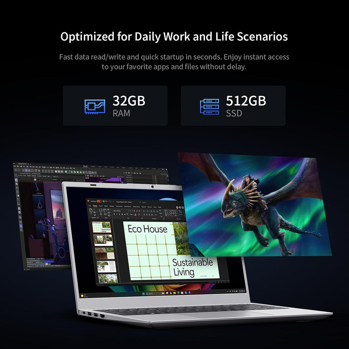 UOWAMOU 15.6 IPS-FHD-Laptop, 32GB RAM 512GB SSD 6500Y (up to 3.4GHz), Multi-Ports Lightweight Computer for Student-Home WiFi 5 BT5.0