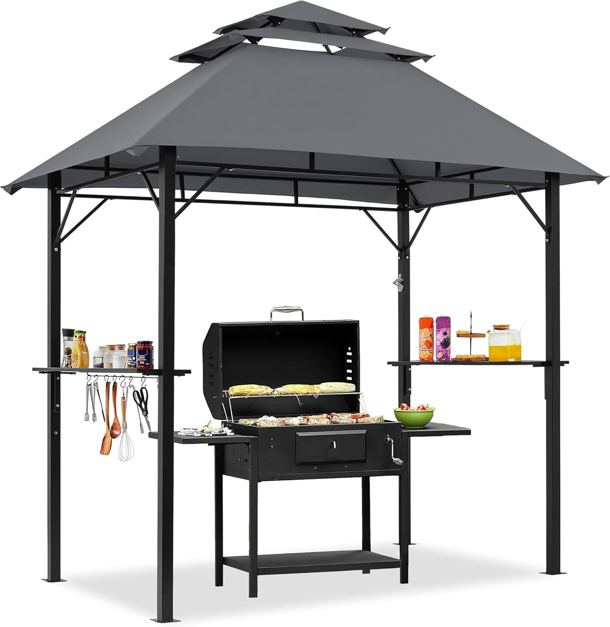 Yaheetech 8x5' Grill Gazebo, 3-Tier Outdoor BBQ Gazebo with Height-Adjustable Shelves & 10 S-Shaped Hooks & Built-in Bottle Opener, Dark Gray
