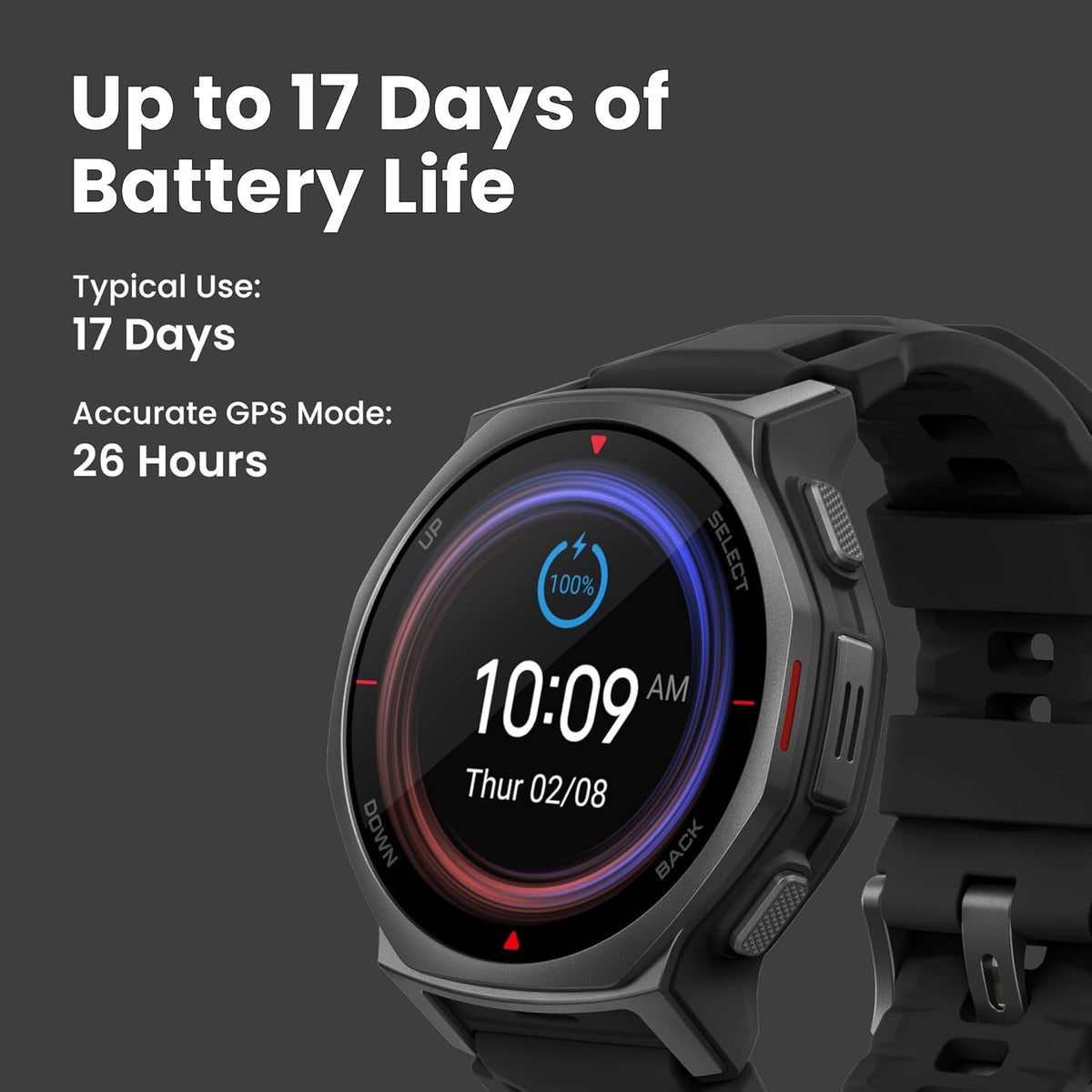 Amazfit T-Rex 3 Pro Outdoor Smart Watch 44mm Sapphire AMOLED Display with Flashlight, Ti Bezel, Dual Band GPS, Offline Maps, 17 Days Battery, 10 ATM, 180+ Sports Mode for Android & iPhone, Black