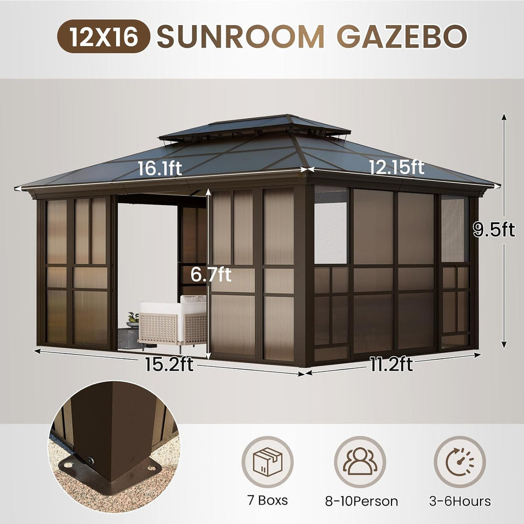 EROMMY 12x16 Sunroom Gazebo, Polycarbonate Roof Outdoor Solarium with Sliding Door & Adjustable Window Panels, Enclosed Patio Sunroom with Mesh Screens, Aluminum Frame Backyard Enclosure