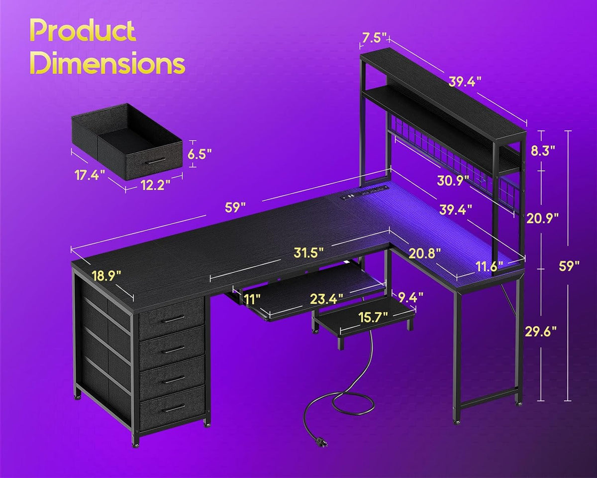 AODK 59 Inch L Shaped Desk with 4 Drawers, Gaming Desk with Led Lights & Power Outlets, Computer Desk with Pegboard & Keyboard Tray, Reverisble Home Office Desk with Storage Shelves & CPU Stand, Black