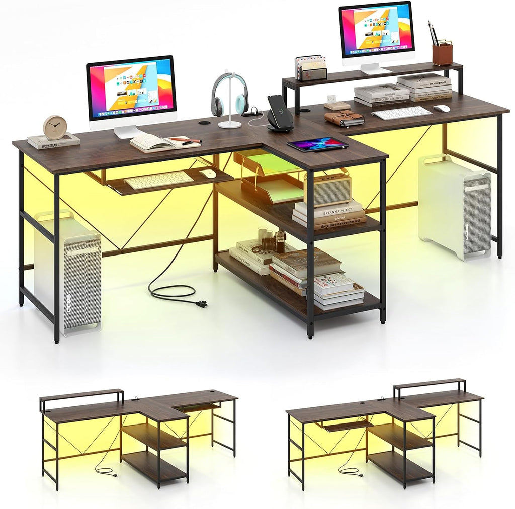 Tangkula 2-Person Reversible Computer Desk with LED Lights, 94.5' Long Office Desk with Power Outlets, Monitor Stand, Keyboard Tray & 2 Storage Shelves, Double Desk for Gaming Working Writing (Walnut)