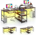 Tangkula 2-Person Reversible Computer Desk with LED Lights, 94.5' Long Office Desk with Power Outlets, Monitor Stand, Keyboard Tray & 2 Storage Shelves, Double Desk for Gaming Working Writing (Walnut)