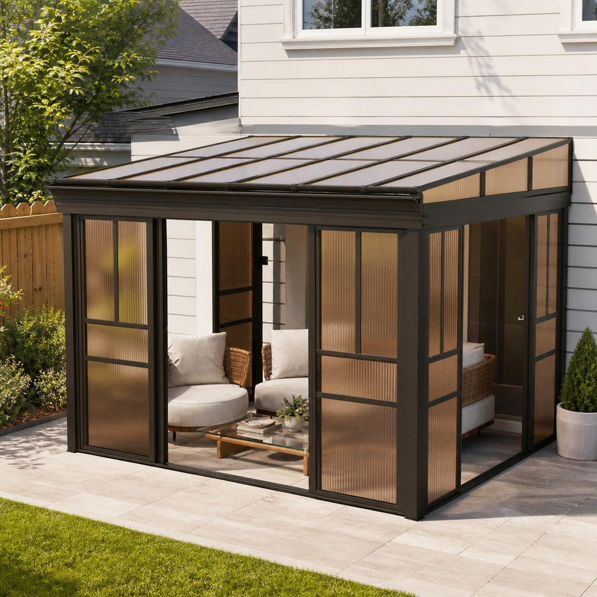 EROMMY 8x12 Lean-to Sunroom Gazebo, Enclosed Patio Shelter with Sliding Doors, Polycarbonate Roof and Brown-Tinted Panels, Aluminum Frame for Backyard