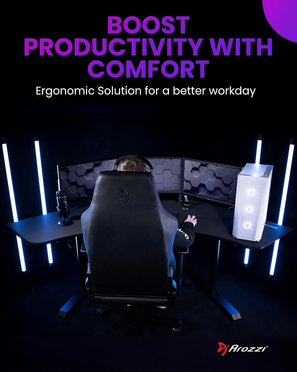 Arozzi Arena Angelo L Shaped GamingDesk, PC GamingDesk L Shape, Height Adjustable L Shaped Standing Desk for Home Office, with Full Coverage Mouse Pad (Pure Black)
