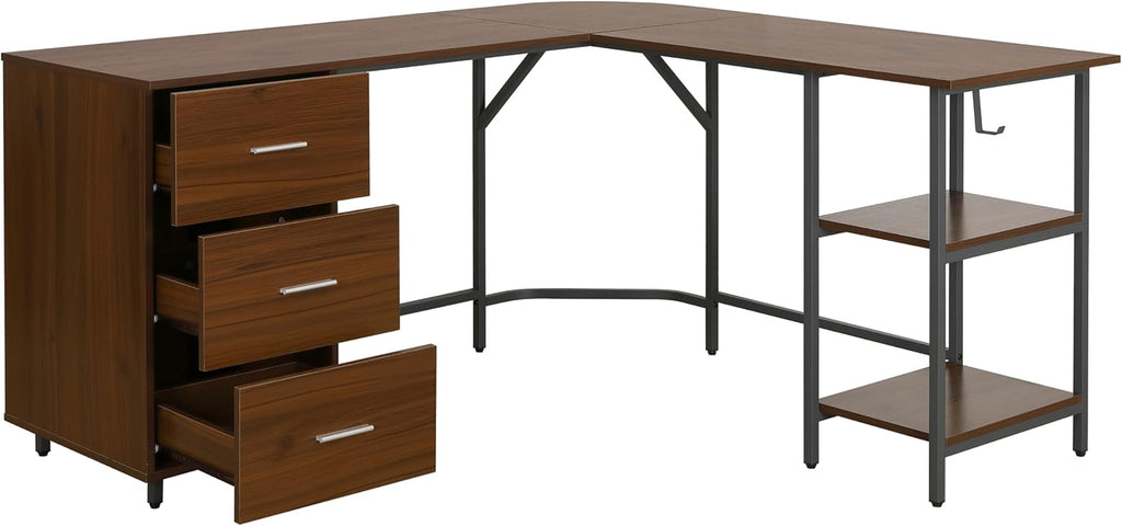 Techni Mobili L Shaped Desk - Two-Toned Computer Desk with Drawers & Storage Shelves - Simple Modern Furniture & Home Office Space Corner Table for Work & Writing