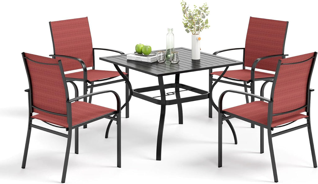 MIXPATIO 5 Pieces Patio Table and Chairs Set, 4 Person Outdoor Dining Furniture Set, 4 Red Textilene Chairs and 37' Square Metal Table with Umbrella Hole, for Deck Backyard Lawn