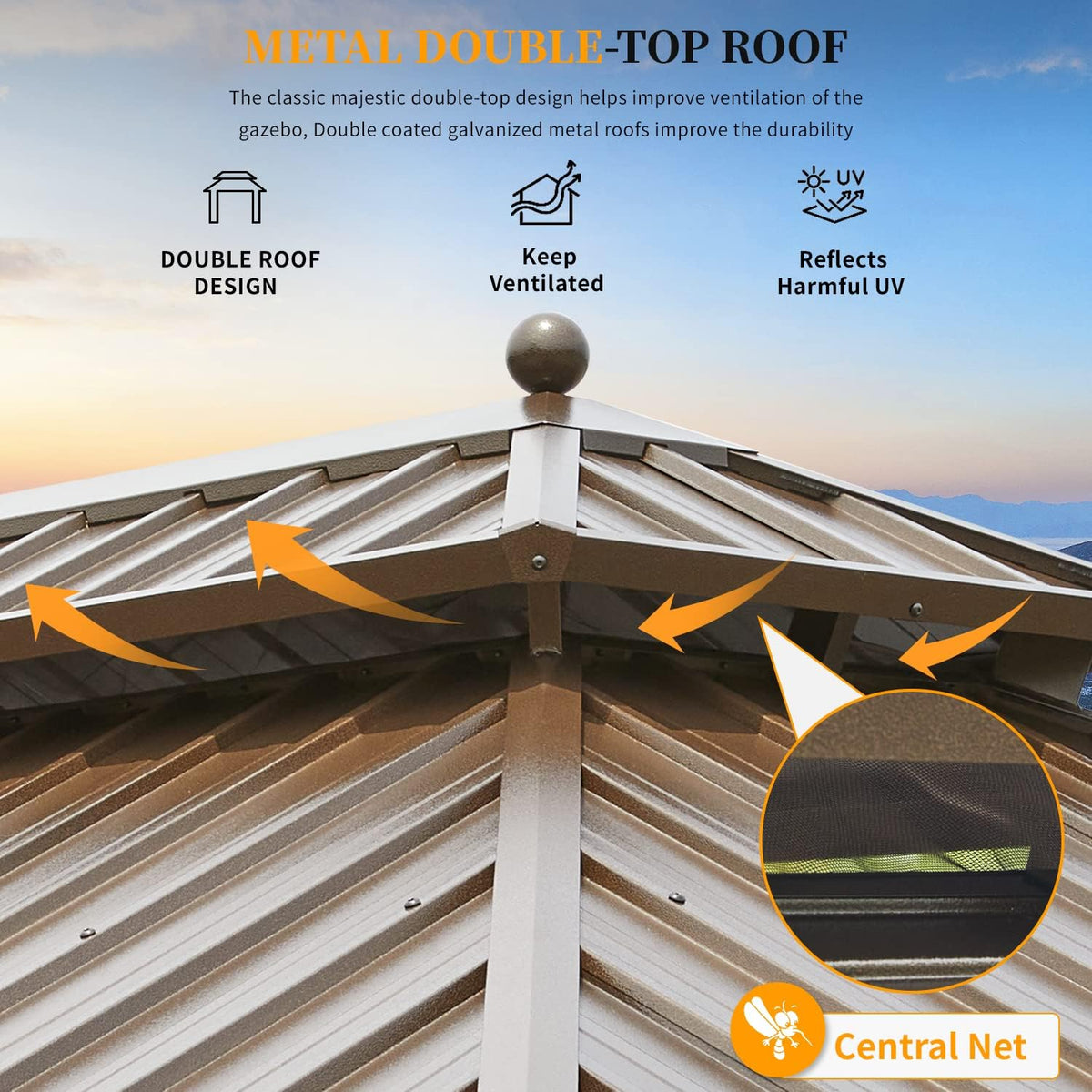 YOLENY 10' x 12' Hardtop Gazebo with Double Galvanized Steel Roof & Gutters, Aluminum Frame Pergolas with Curtains and Netting, Metal Outdoor Gazebos for Patios, Garden, Lawns, Parties