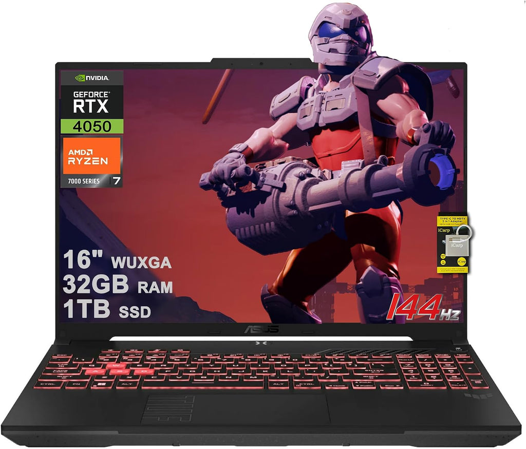 ASUS TUF Gaming A16 Laptop 16' WUXGA 144Hz AMD 6-core Ryzen 7 7445HS 32GB DDR5 1TB SSD GeForce RTX 4050 (Up to 194 AI Tops) RGB Backlit USB4 AI Noise Cancelation Wi-Fi6 Win11 ICP Hub