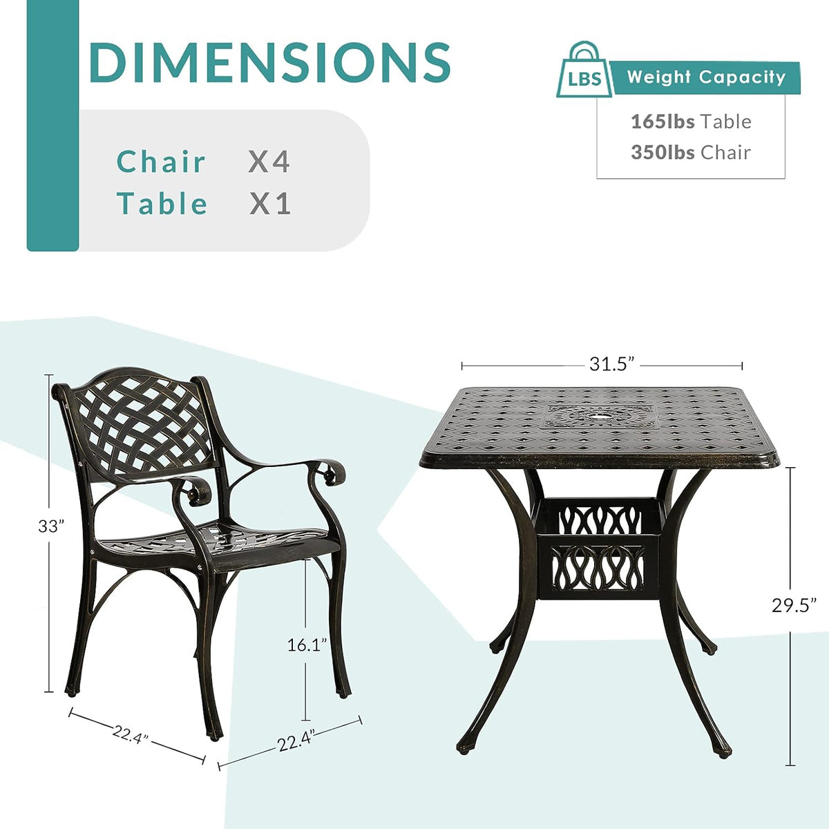 MEETWARM 5-Piece Outdoor Furniture Dining Set, All Weather Cast Aluminum Conversation Set Includes 4 Chairs and a 31.5' Square Table with 2.2' Umbrella Hole for Patio Garden Deck, Lattice Weave Design
