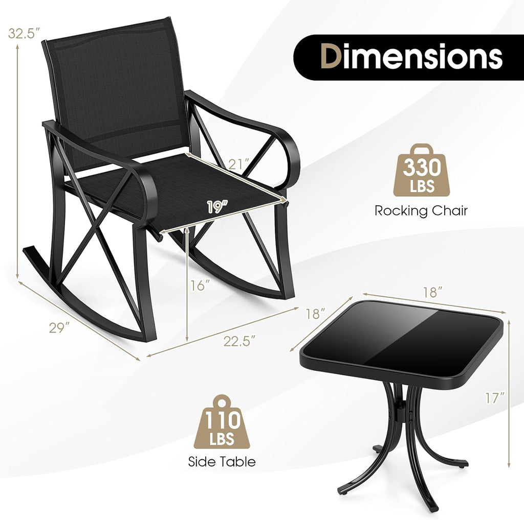 HAPPYGRILL 3-Piece Patio Rocking Bistro Set Rocker Chairs Set with Side Table, Outdoor Conversation Furniture Set with Metal Frame for Porch, Garden, Backyard, Balcony (Black)