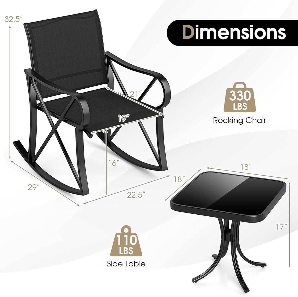 HAPPYGRILL 3-Piece Patio Rocking Bistro Set Rocker Chairs Set with Side Table, Outdoor Conversation Furniture Set with Metal Frame for Porch, Garden, Backyard, Balcony (Black)