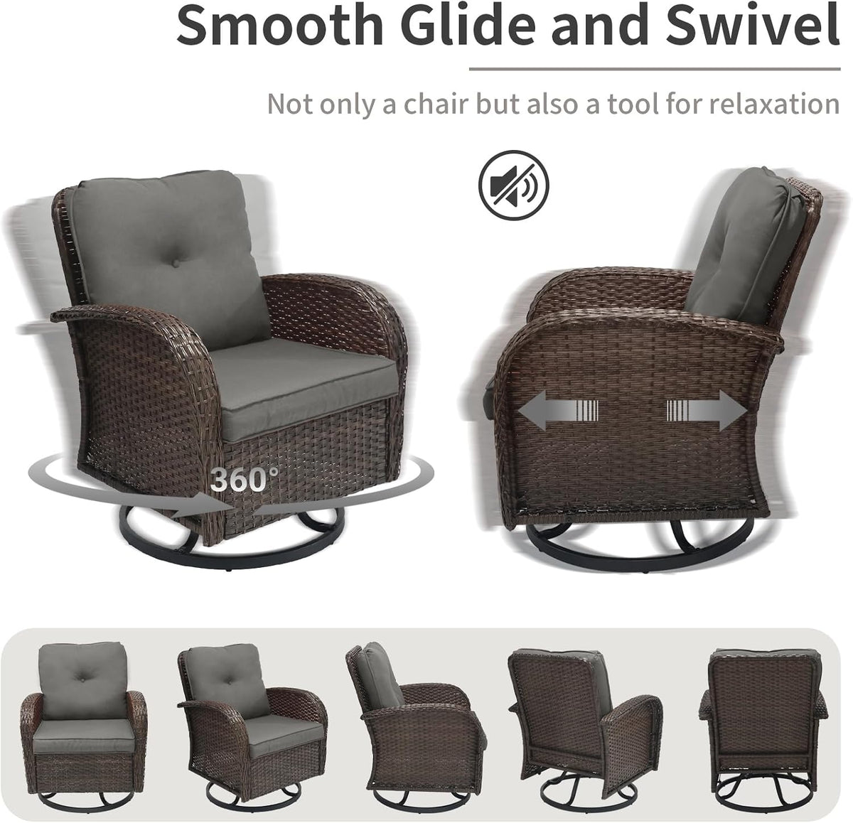 Outdoor Swivel Rocker Patio Chairs 3 Pieces，Swivel Patio Chairs with Cushions，Outdoor Swivel Rocking Chairs Set of 2 with Rattan Side Table，Patio Furniture Set for Outside Porch Deck