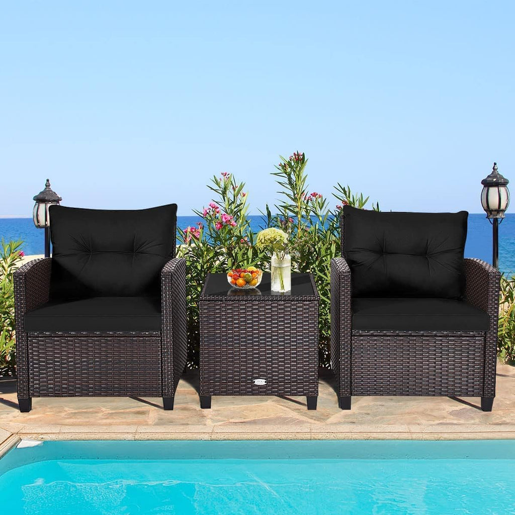 HAPPYGRILL 3 Pieces Patio Conversation Set, Outdoor Furniture Set PE Rattan Sofa Set with Removable Cushions, PE Wicker Chairs with Tempered Glass Side Table for Porch Lawn Garden Balcony Backyard