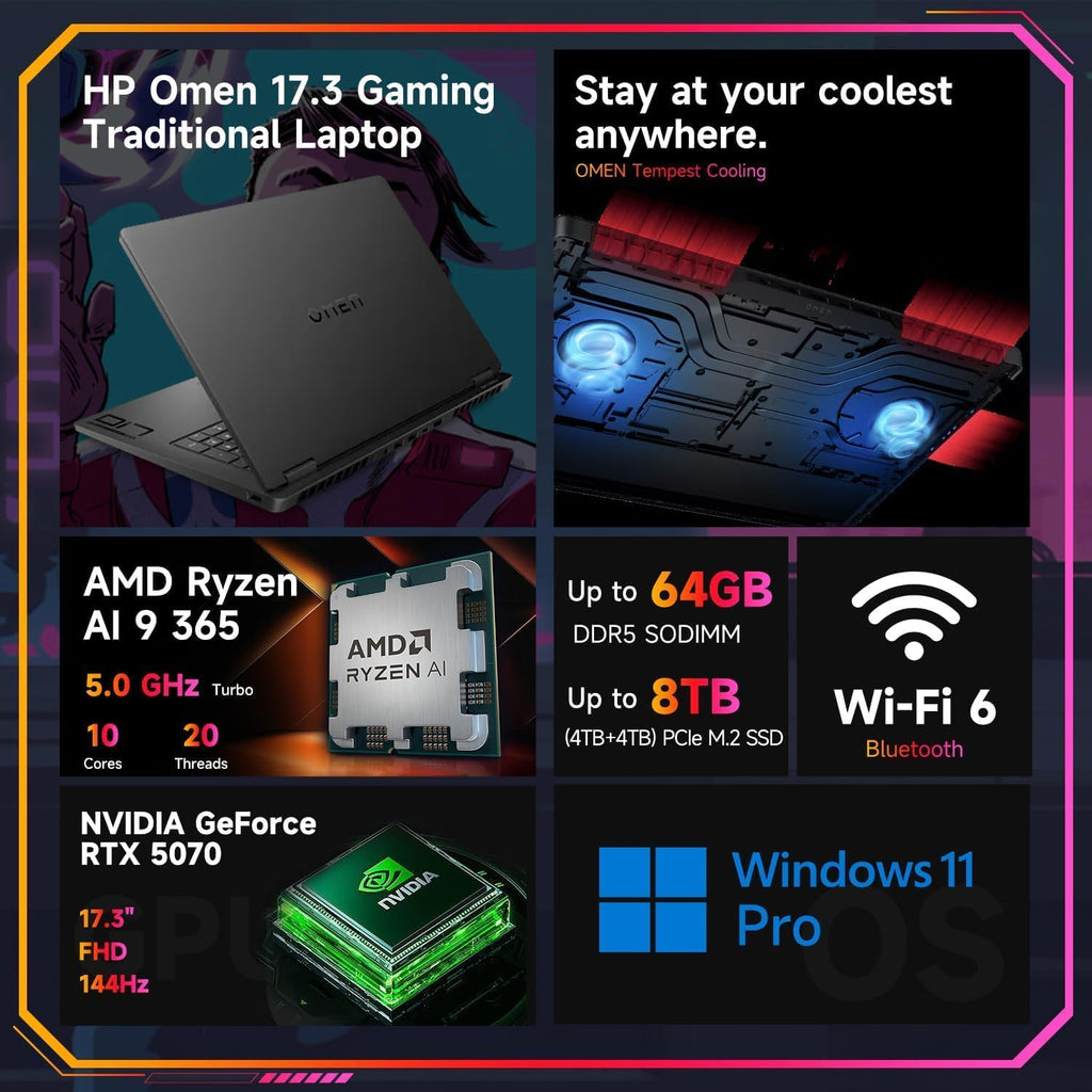 HP OMEN 17.3 RTX 5070 AI Gaming Laptop, 17.3' FHD 144Hz, AMD Ryzen AI 9 365, 16GB DDR5 RAM, 1TB SSD, RGB Backlit KB, Low Blue Light, Bundle with Thunderobot 7 in-1 USB-C Hub, Windows 11 Pro