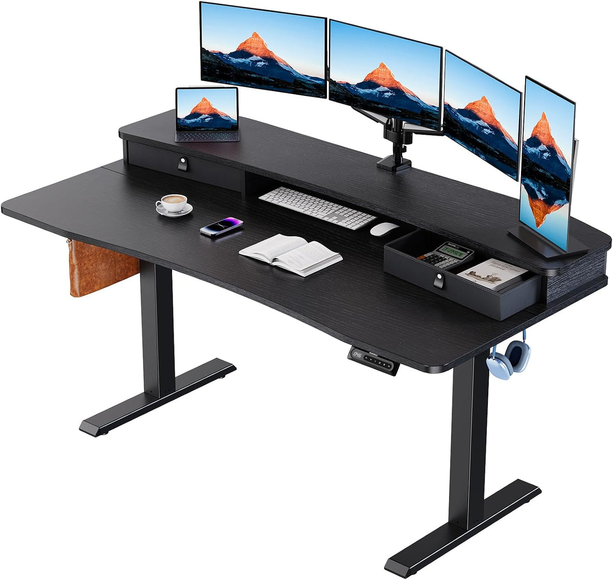 HUANUO 60″ x 30″ Electric Standing Desk with 2 Drawers, C-Clamp Mount Compatible, Height Adjustable Computer Desk, Home Office Stand Up Desk with 4 Preset Heights & 2 Hooks, Black
