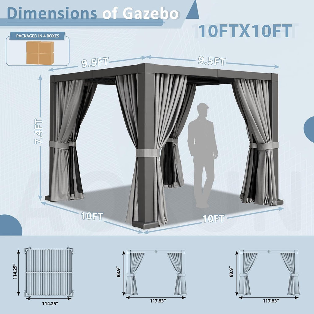 Aoxun Louvered Pergola 10' x 10' Outdoor Aluminum Pergola Adjustable Roof, with Waterproof Curtains and Nets, for Decks, Gardens, Gray