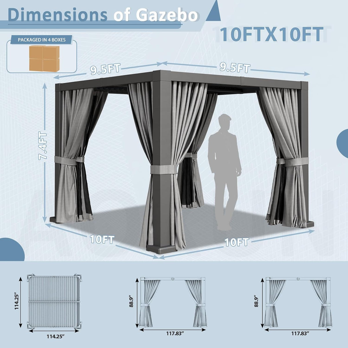 Aoxun Louvered Pergola 10' x 10' Outdoor Aluminum Pergola Adjustable Roof, with Waterproof Curtains and Nets, for Decks, Gardens, Gray