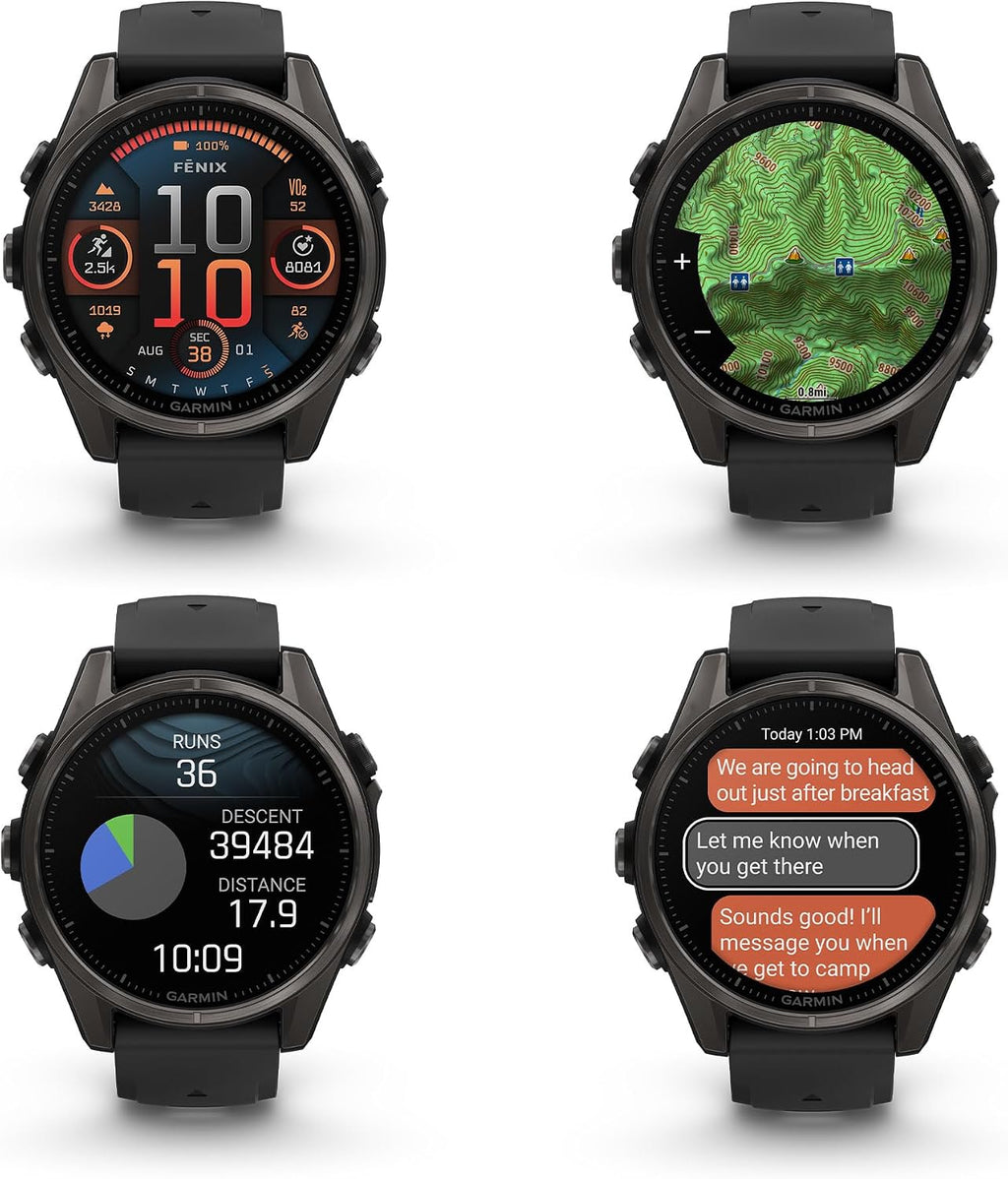 Garmin Fenix 8 43MM AMOLED Sapphire Premium Multisport GPS Smartwatch Carbon Gray DLC Titanium with Black Gray Silicone Band, LED Flashlight, Fitness & Health Smart Watch Bundle