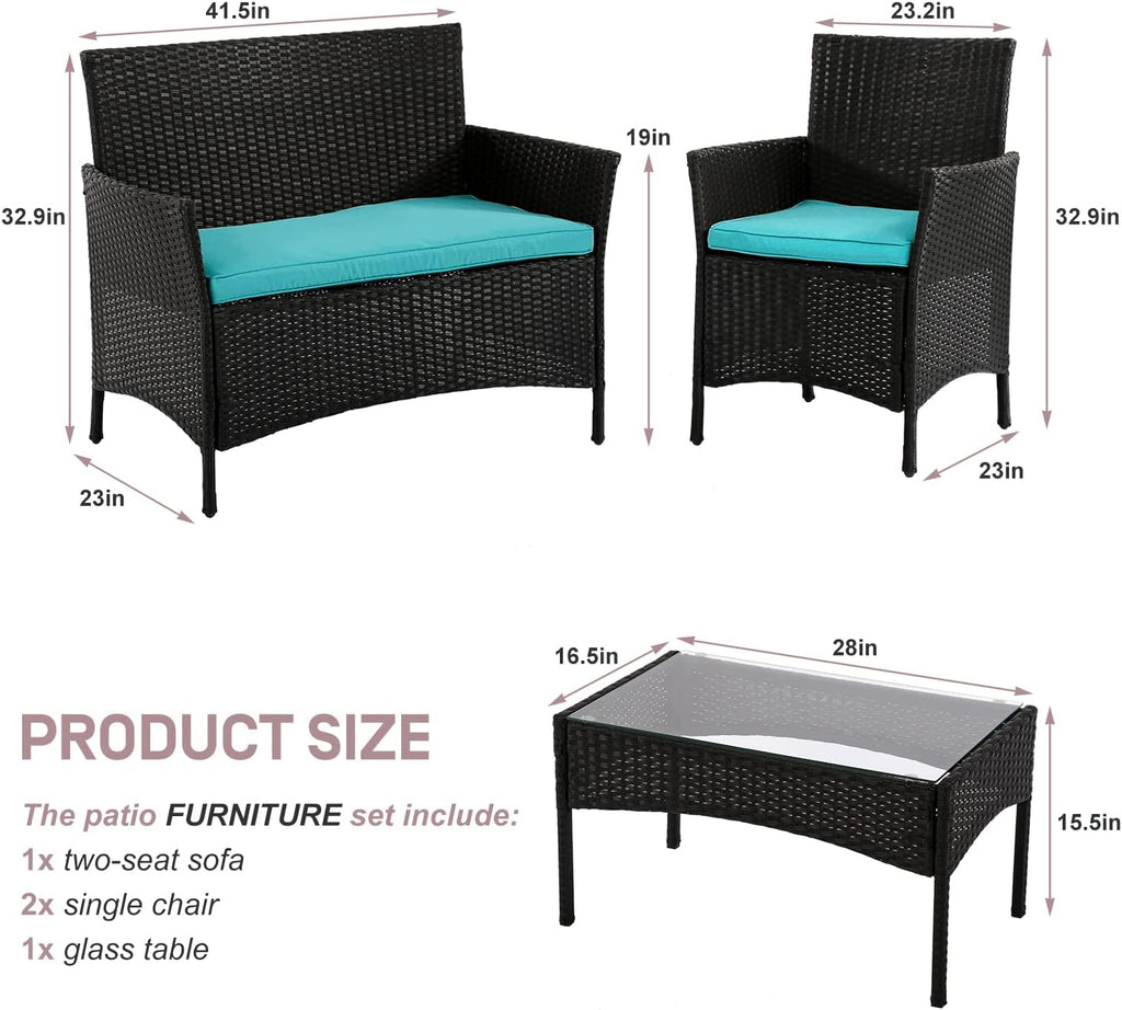 4 Pieces Wicker Patio Furniture Set Conversation Chairs with Table, Outdoor Rattan Patio Set for Balcony Backyard Front Porch Deco with Cushion Seat, Blue