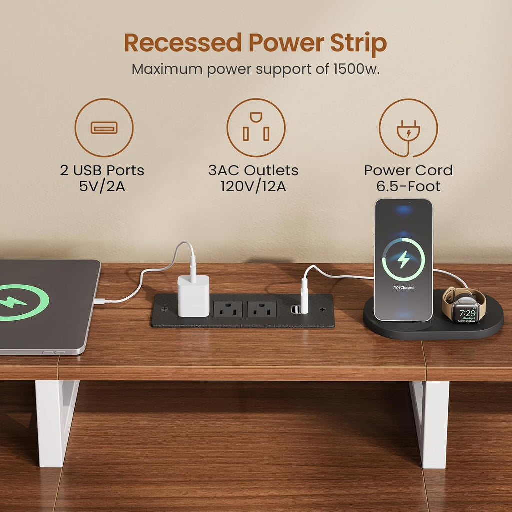 SEDETA 94.5' 2 Person Gaming Desk, Long Office Computer Desk with 8 Drawers & LED Light, Two Person Desk with Storage, Power Strip & Monitor Shelf for Home Office, Brown+White