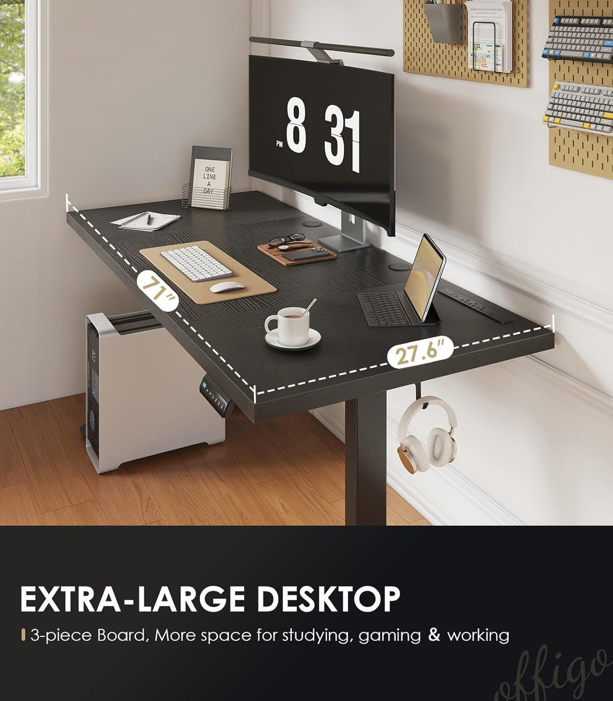 OffiGo 71 Inch Executive Electric Standing Desk, Height Adjustable Desk with Power Outlet & 1.38' Thick 3-Piece Desktop, Sit Stand Computer Desk for Home, Office, Conference Room, Black