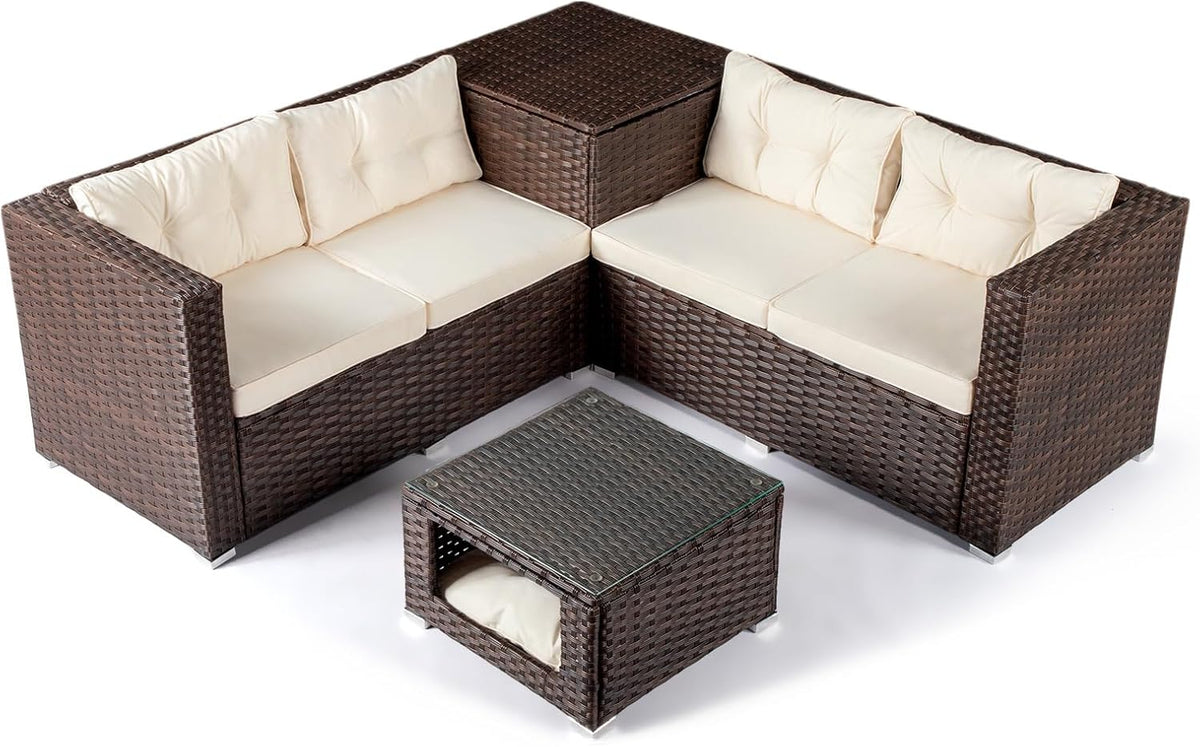 VINGLI 4 Pieces Outdoor Sectional Wicker Patio Furniture with Storage, Patio Sectional Sofa Outdoor Couch Conversation Set, Glass Top Coffee Table for Backyard, Pool, Garden(Brown)