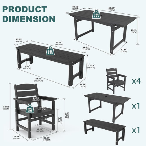 6-Piece HIPS Patio Dining Set, Outdoor Dining Table and Chairs Set with Umbrella Hole, Weatherproof Dining Table Set for 6 Person, Patio Furniture Set for Outside Deck, Black