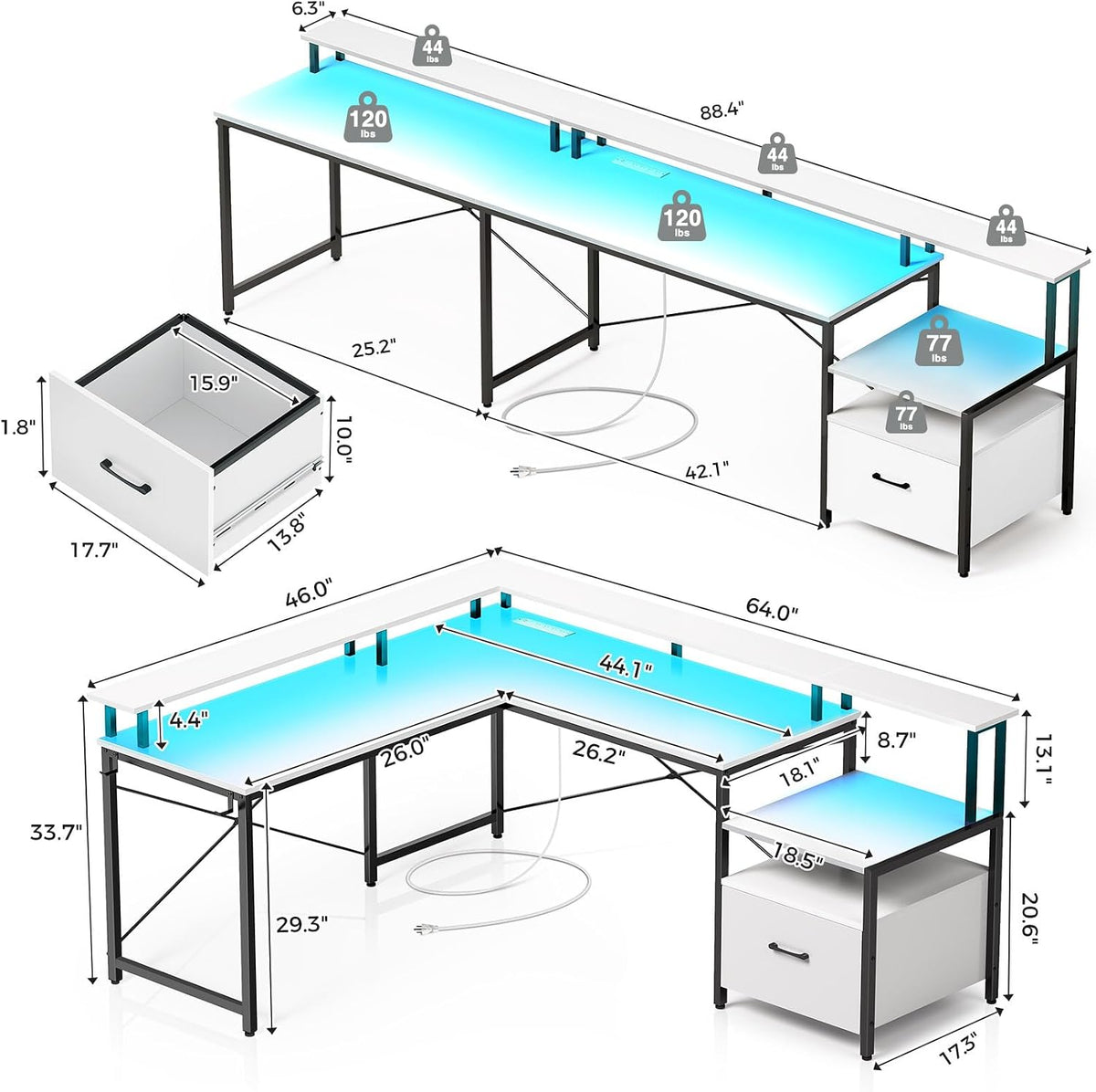 Rolanstar Computer Desk with File Drawer, 64' L Shaped Desk with Power Outlet & LED Strip, L Shaped Computer Corner Desk with File Cabinet, Gaming Desk with Monitor Shelf, Home Office Desk, White