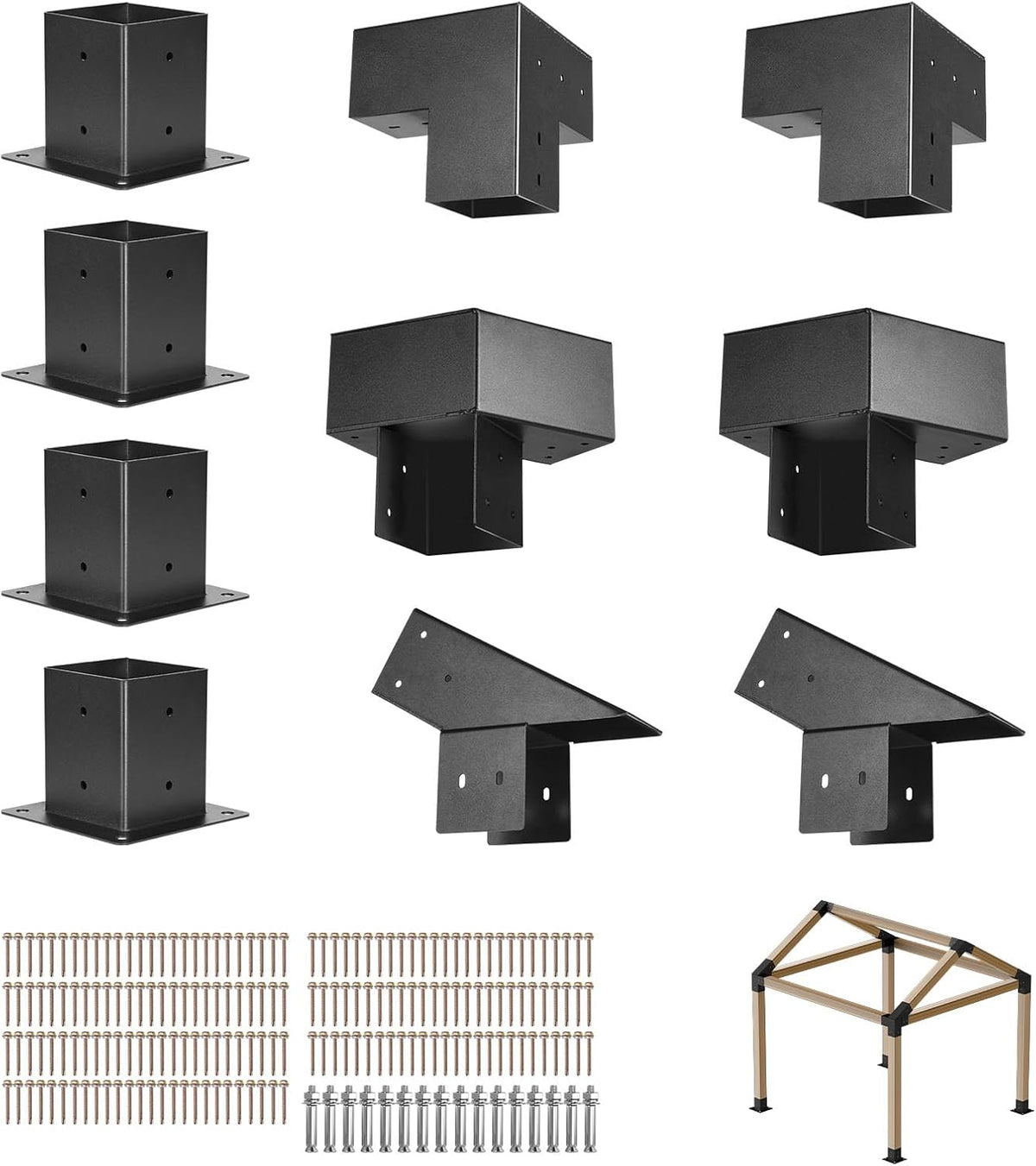VEVOR Pergola Kit, 4x4 Inch Pointed-Roof Pergola Brackets for 3.5x3.5 in Lumbers in Actual Size, 3-Way / 4-Way Gazebo Bracket with Post Bases & Ridge Brackets for Outdoor Pergolas Gazebo Shed, 14 Pcs