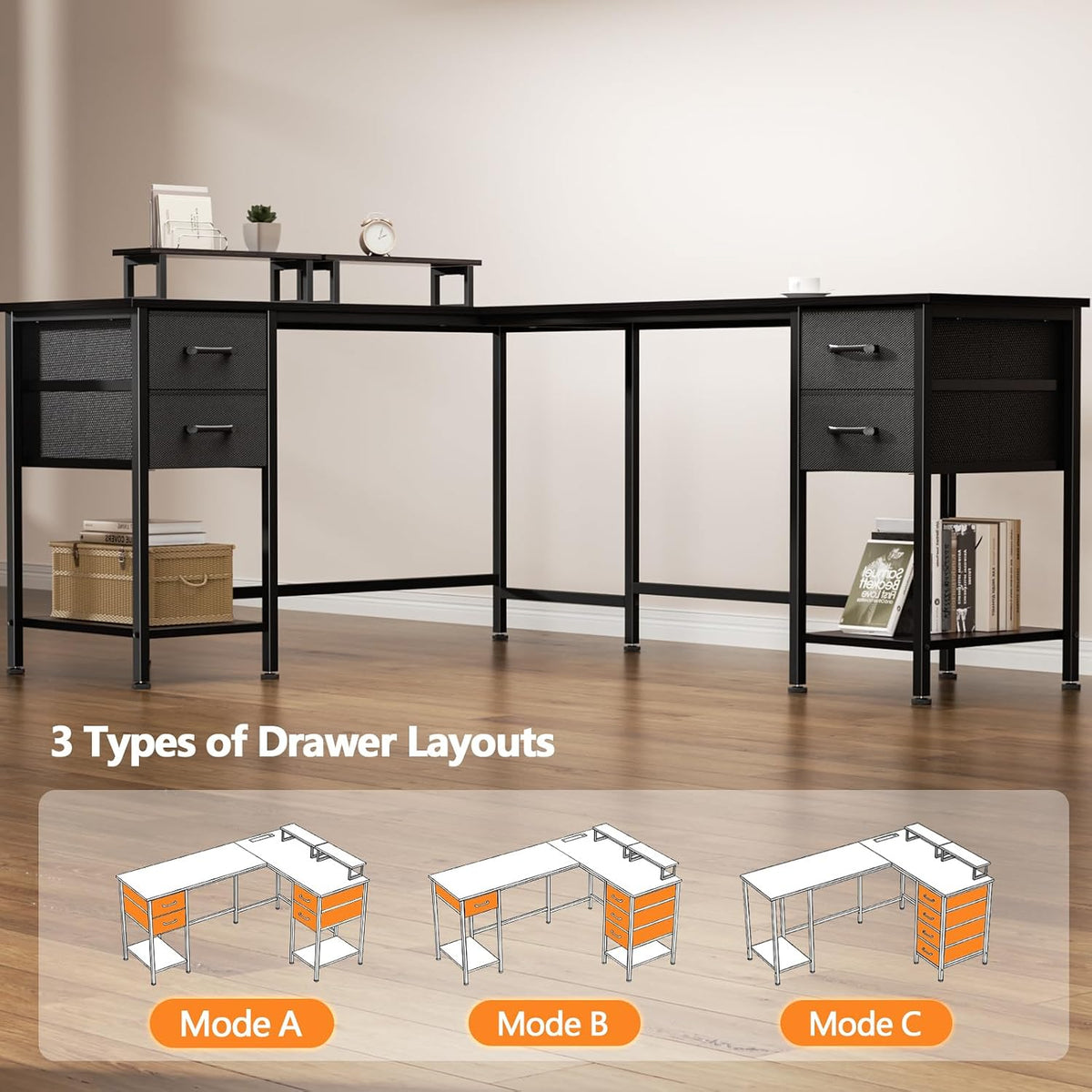 Korfile 66' L Shaped Computer Desk, 94.4'' Home Office Desk with Power Outlets, 4 Adjustable Storage Drawers & 2 Monitor Stands, Large Two Person Gaming Table for Writing Study, Black