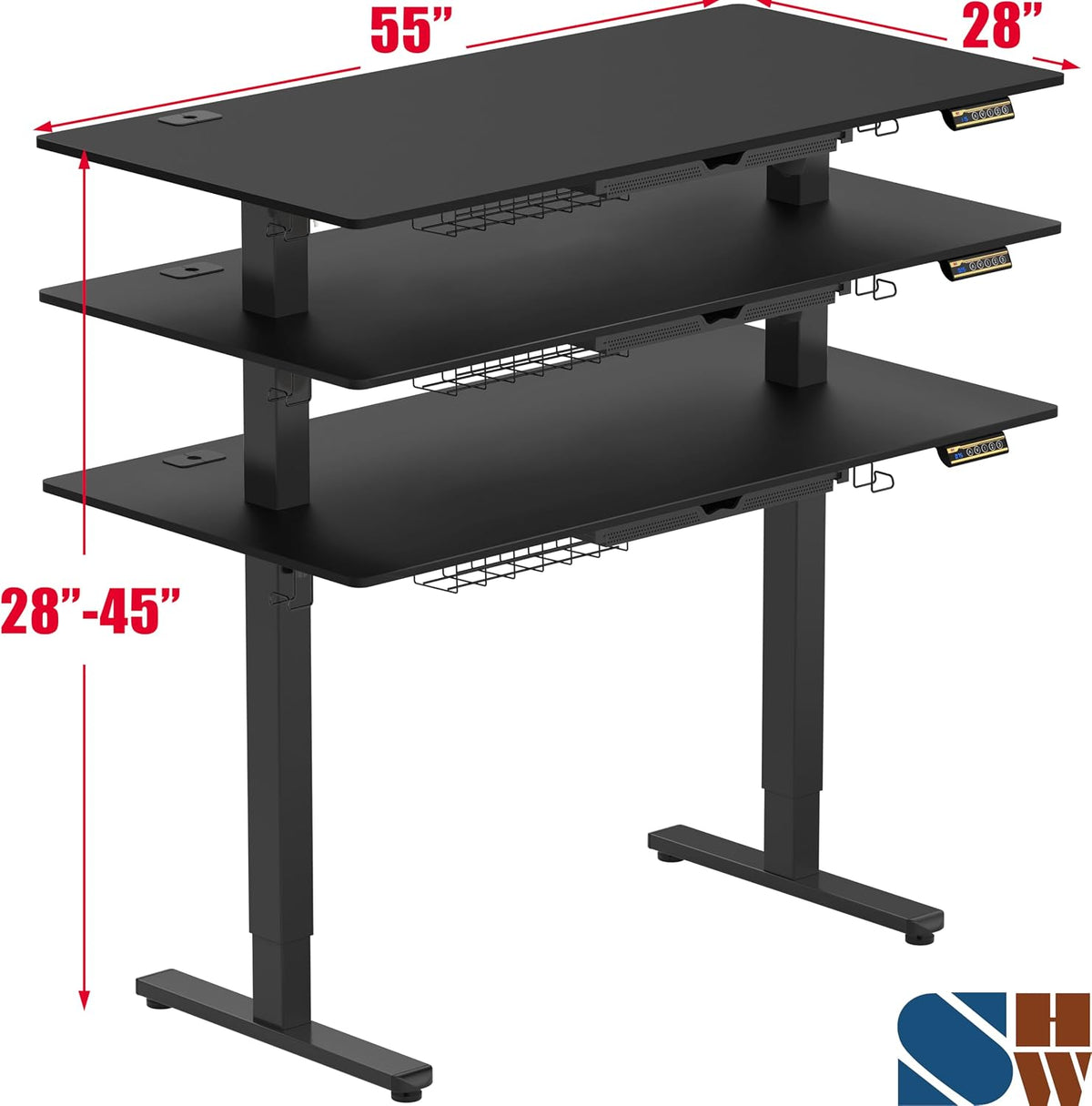 SHW 55 x 28 Inches Electric Height Adjustable Standing Desk with Drawer and Memory Preset, Black